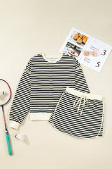 Black Stripe Textured Drop Shoulder Pullover Top Drawstring Mini Skirt Two Piece Dress Set