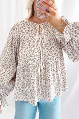 White Bow Tie Front Floral Print Flounce Sleeve Peplum Blouse