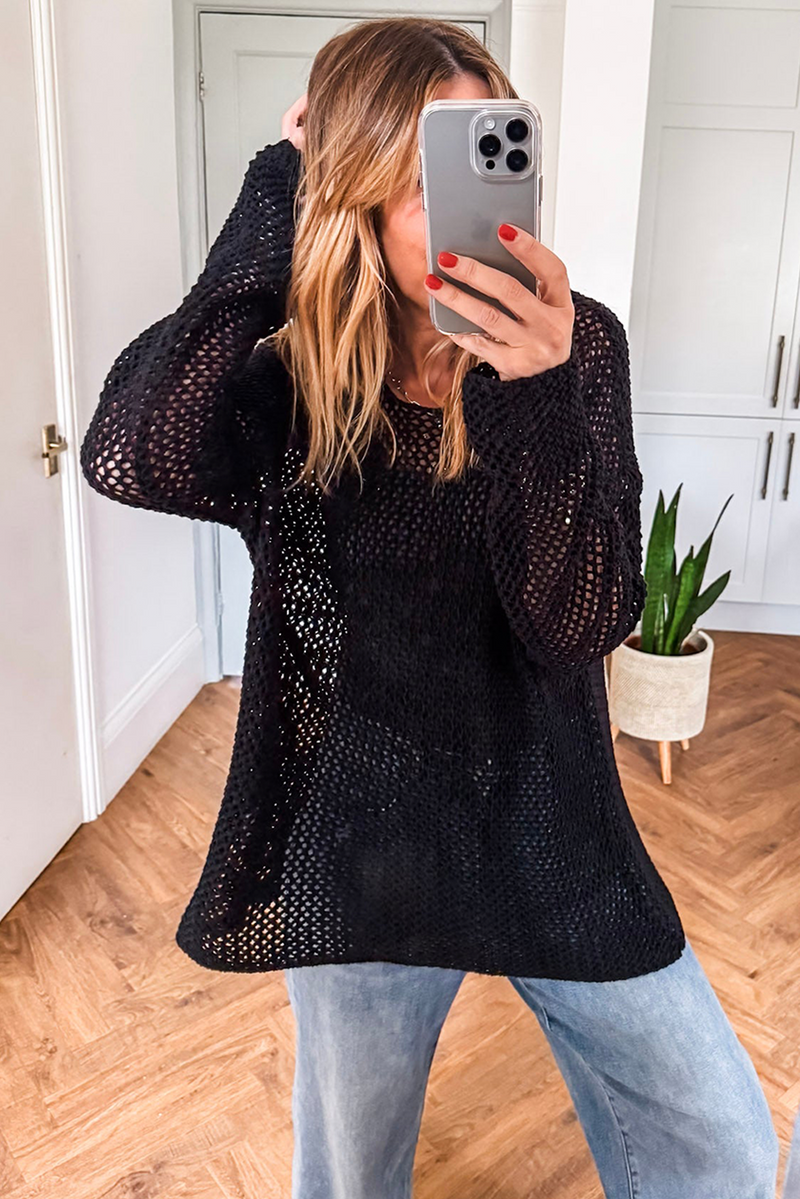Coral Crochet Hollow-out Knit Sweater