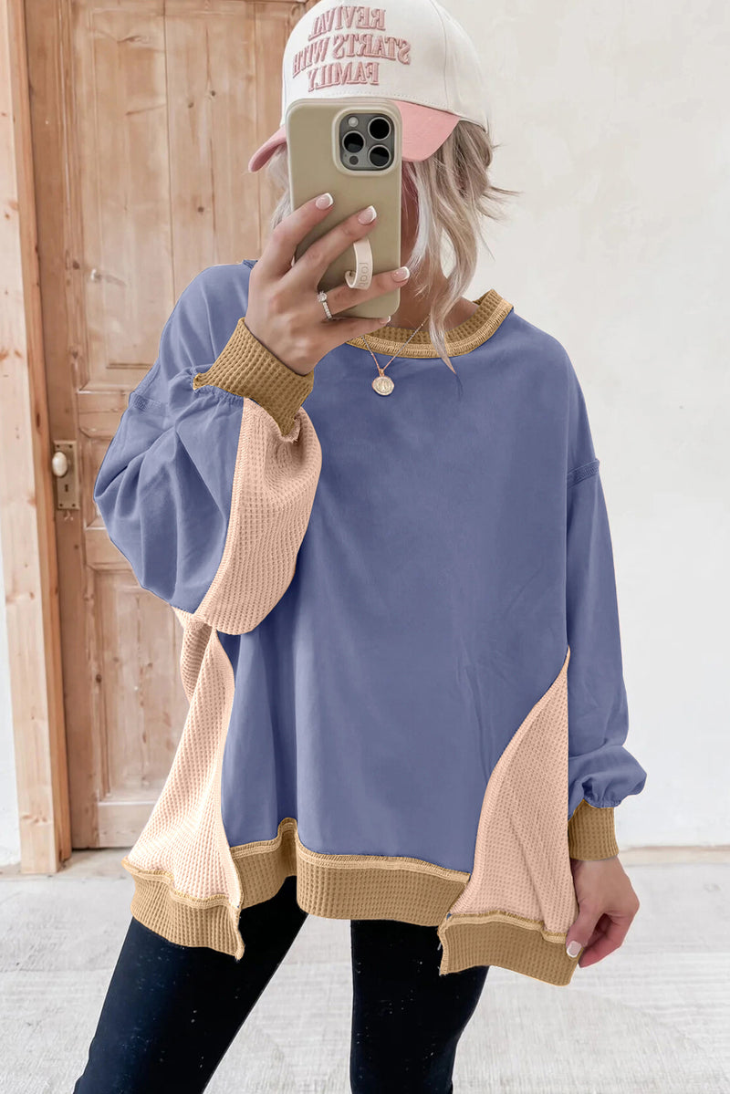 Smoke Green Colorblock Waffle Patchwork Oversize Sweatshirt