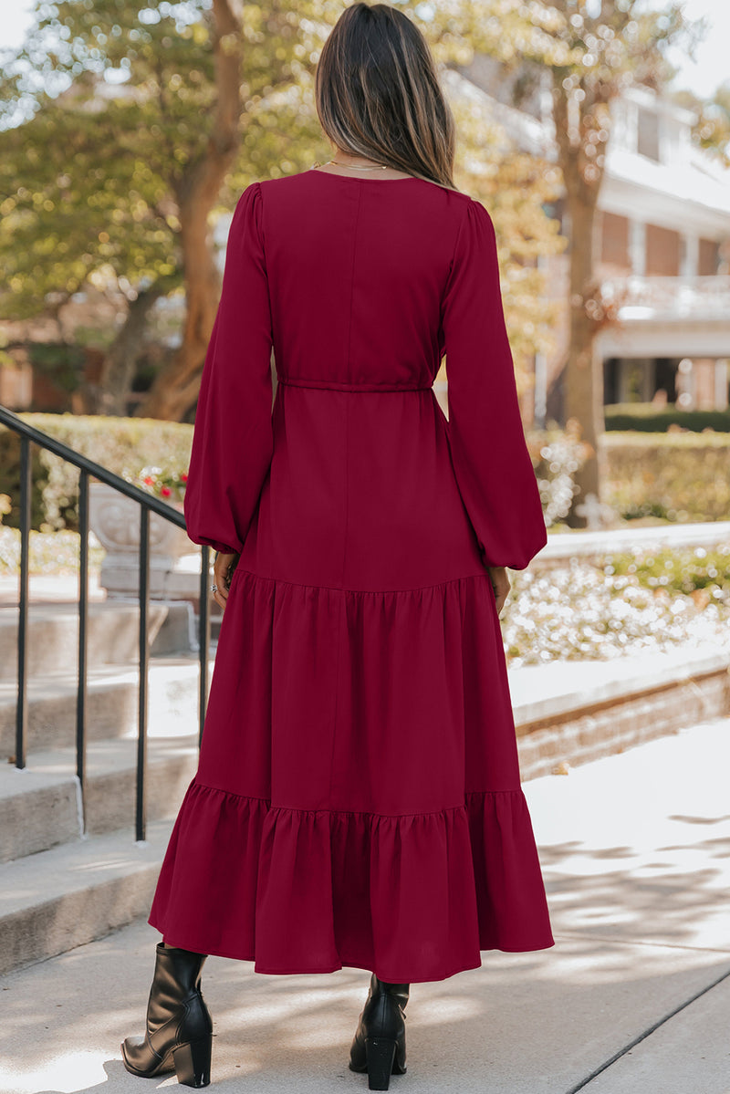 Chestnut Solid Long Sleeve Button V Neck Tiered Maxi Dress