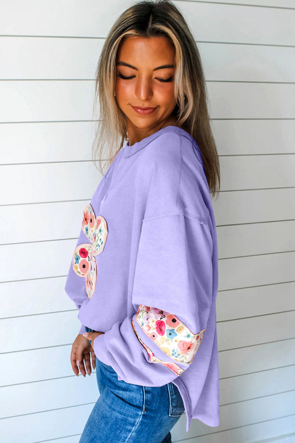 Wisteria Flower Applique Patchwork Drop Sleeve Pullover Sweatshirt
