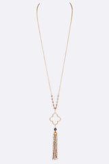 Beaded Tassel Clover Pendant Long Necklace