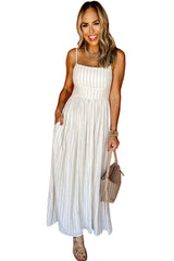 Beige Stripe Spaghetti Strap Pocketed High Waist Maxi Dress