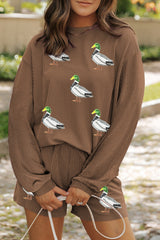 Chestnut Twisted Ribbed Mallard Duck Sequins Patch Long Sleeve Top and Short Set