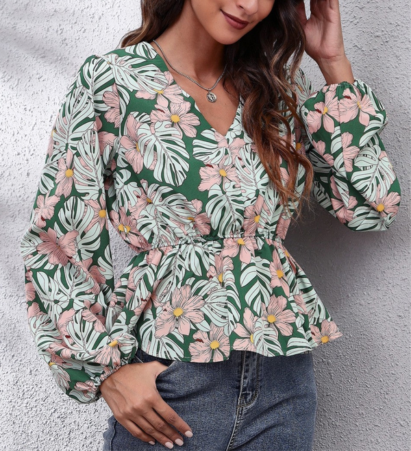 Floral V-Neck Balloon Sleeve Peplum Blouse