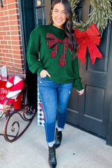 Evergreen Plaid Bow Graphic Christmas Sweater