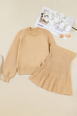Black High Neck Puff Sleeve Sweater Pleated Mini Skirt 2pcs Knitted Outfit