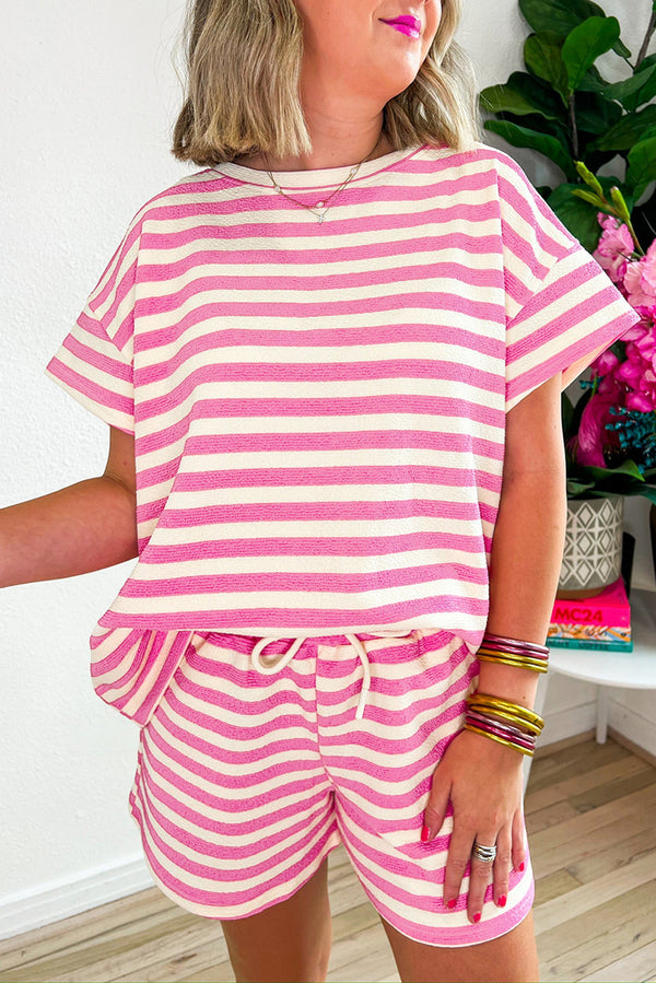 Rose Stripe Crew Neck T Shirt and Drawstring Shorts Set
