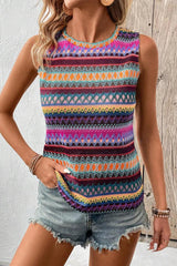 Purple Ethnic Wavy Pattern Round Neck Sleeveless Top