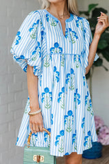 Sky Blue Floral Striped Print Tie Notched Neck Puff Sleeve Flared Mini Dress