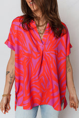 Multicolour Abstract Print V Neck Cuffed Short Sleeve Shift Slit Blouse