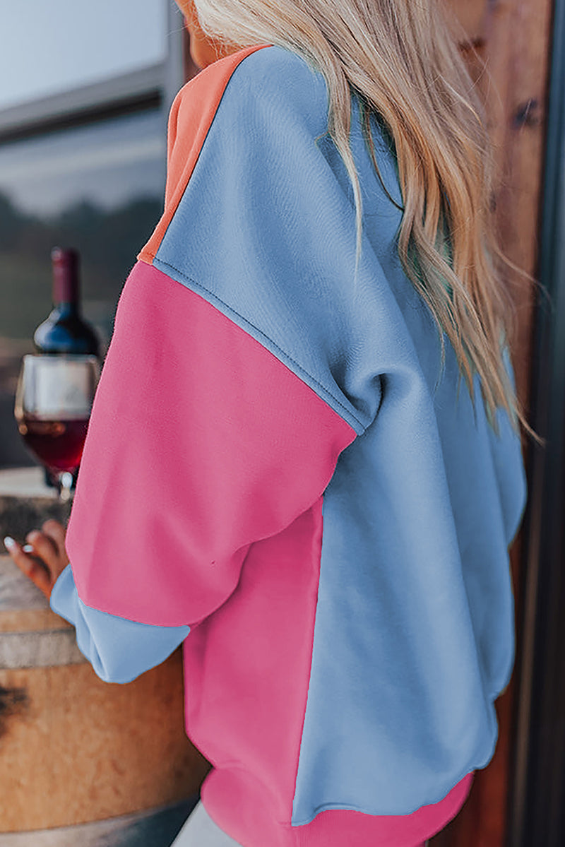 Sky Blue Colorblock Patchwork Drop Shoulder Sweatshirt
