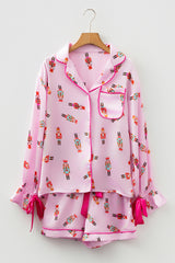 Pink Nutcracker Print Contrast Trim Bowknot Silk 2pcs Pajama Set