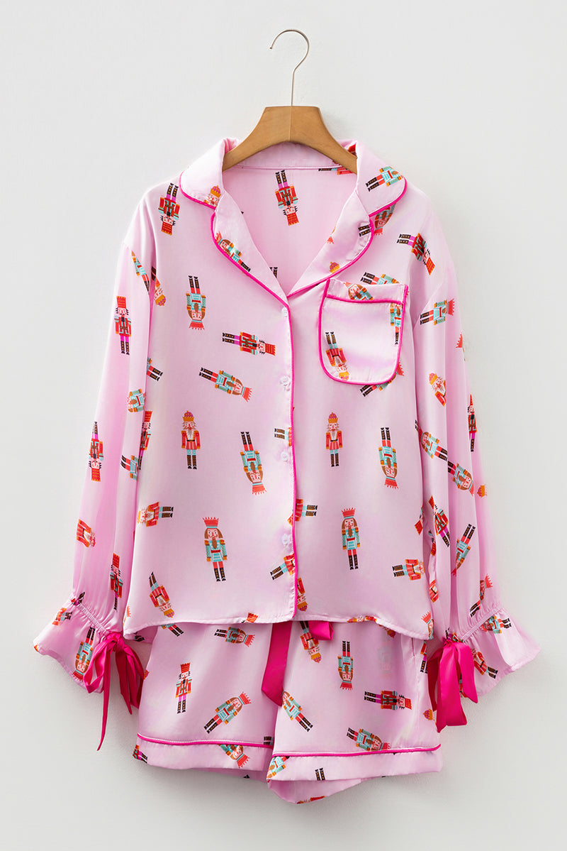Pink Nutcracker Print Contrast Trim Bowknot Silk 2pcs Pajama Set
