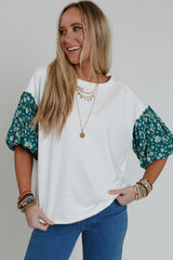 White Daisy Floral Patchwork Drop Sleeve Oversized Top