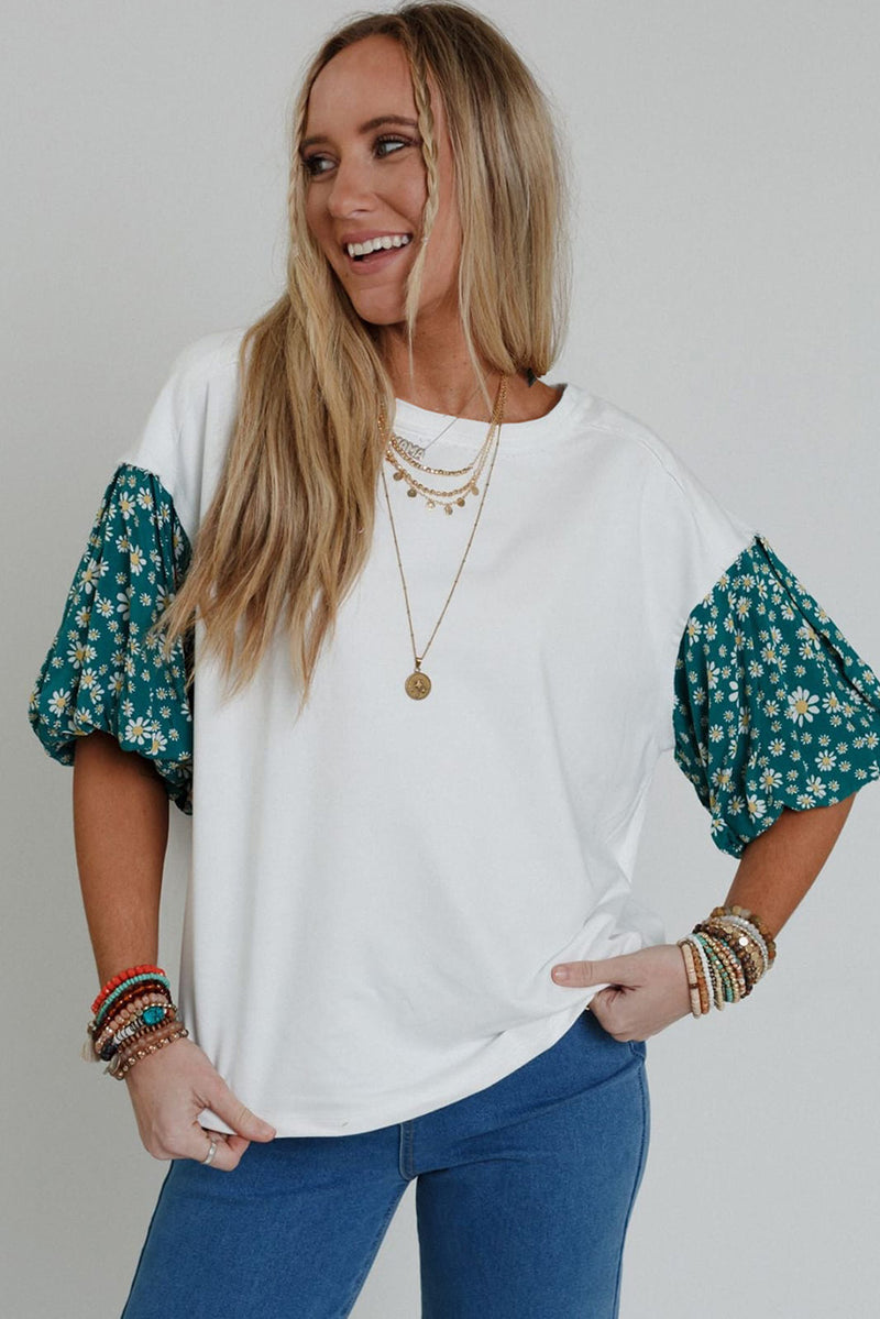 White Daisy Floral Patchwork Drop Sleeve Oversized Top