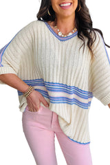 White Striped V Neck Dolman Sleeve Knit Sweater