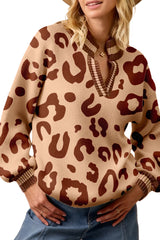 Light French Beige Leopard Printed Knit V Neck Sweater