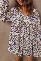 Multicolour Unique Leopard Print V Neck Button Detail Long Sleeve Mini Dress