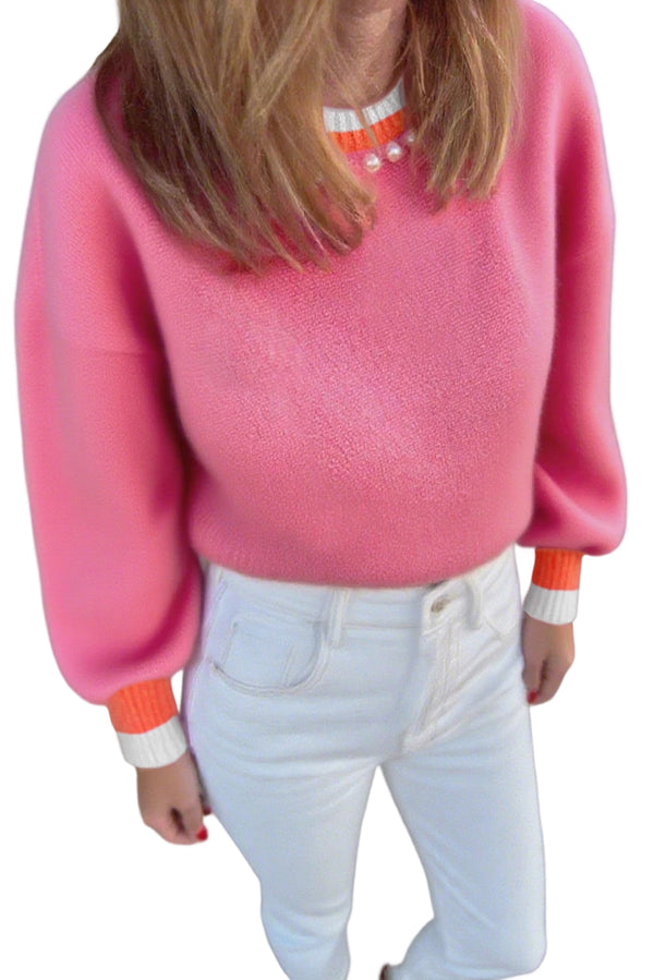 Sachet Pink Contrast Collar Pearl Decor Sweater