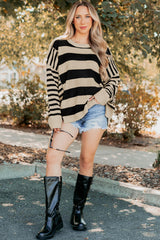 Brown Stripe Drop Shoulder Sleeve Patchwork Baggy Sweater
