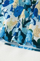 Sky Blue Floral Print Short Puff Sleeve V Neck Blouse