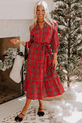 Red Christmas Plaid V Neck Tie Waist Ruffle Hem Long Dress