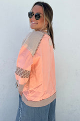 Grapefruit Orange Plaid Waffle Flower Patchwork Bracelet Sleeve Top