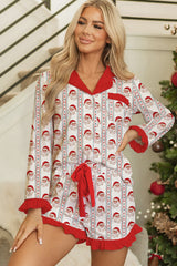 White Christmas Santa Claus Contrast Ruffle Trim Pajama Set