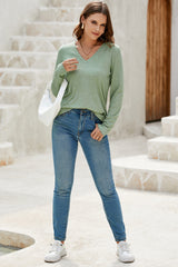 Grass Green Solid Color V Neck Long Sleeve Stretchy Top
