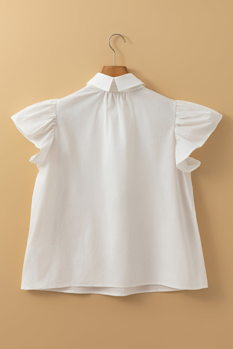 White Crochet Patchwork Ruffle Sleeve Blouse