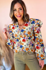 Apricot Ruffled Shoulder Long Sleeve Floral Blouse