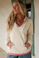 White Contrast Trim Crochet Knit Patchwork Exposed Seam Hoodie
