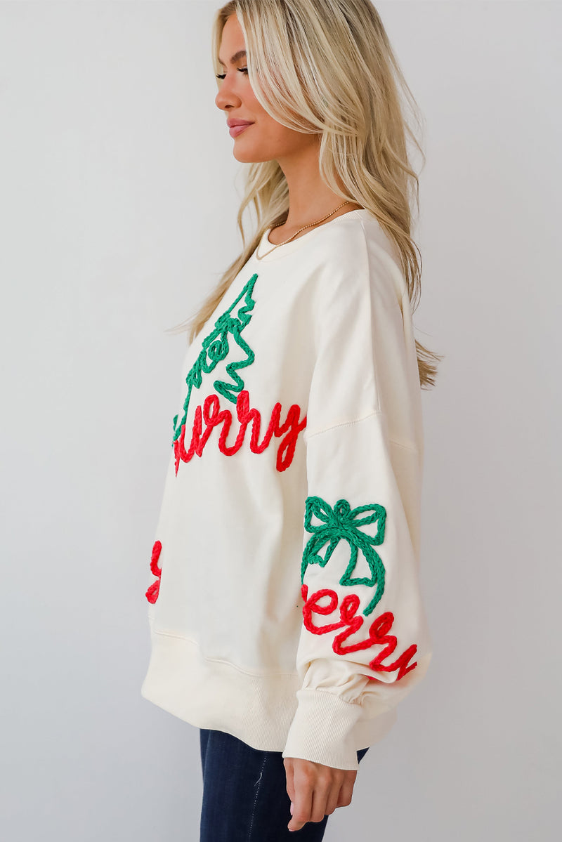 Beige Corded Christmas Pattern Oversize Sweatshirt