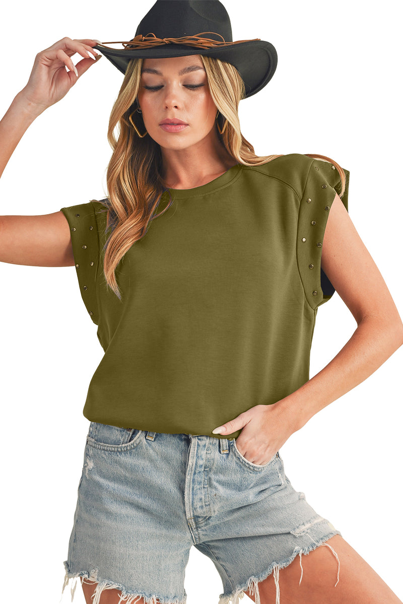 Black Casual Rivet Round Neck T Shirt