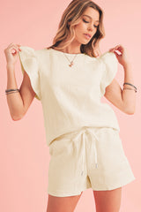 Black Textured Ruffle Sleeve Tee and Drawstring Shorts Set
