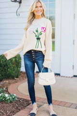 White Floral Embroidered Drop Sleeve Knit Sweater