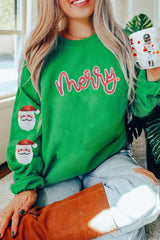Dark Green Sequin Letter Graphic Father Christmas Patched Sleeve Drop Shoulder Sweatshirt