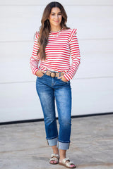 Red Striped Ruffle Shoulder Long Sleeve Top