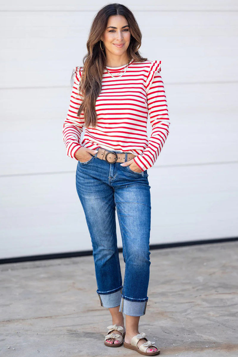 Red Striped Ruffle Shoulder Long Sleeve Top