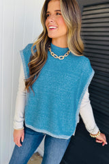 Blue Contrast Stitch Trim Knot Side Mock Neck Sweater Vest