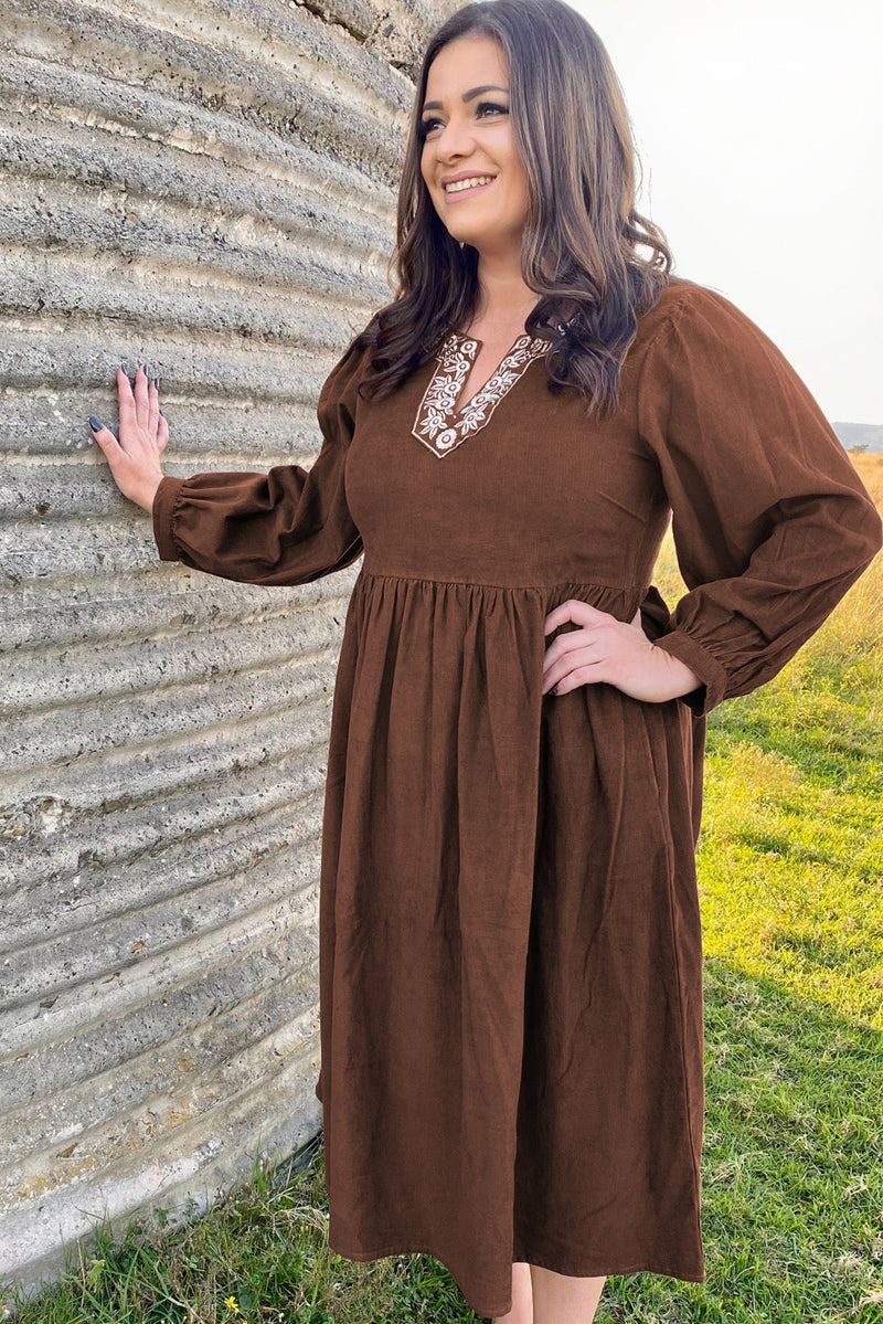 Coffee Embroidered Notched Neckline Textured Pleated High Waist Plus Size Midi Dress