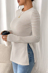Jet Stream Striped Side Slit Round Neck Long Sleeve Top