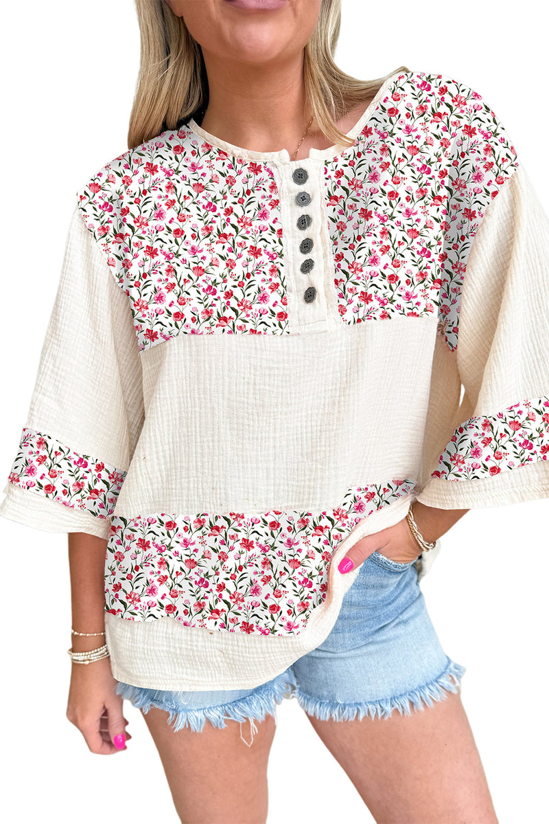 Sky Blue Floral Print Crinkle Patchwork Henley Blouse