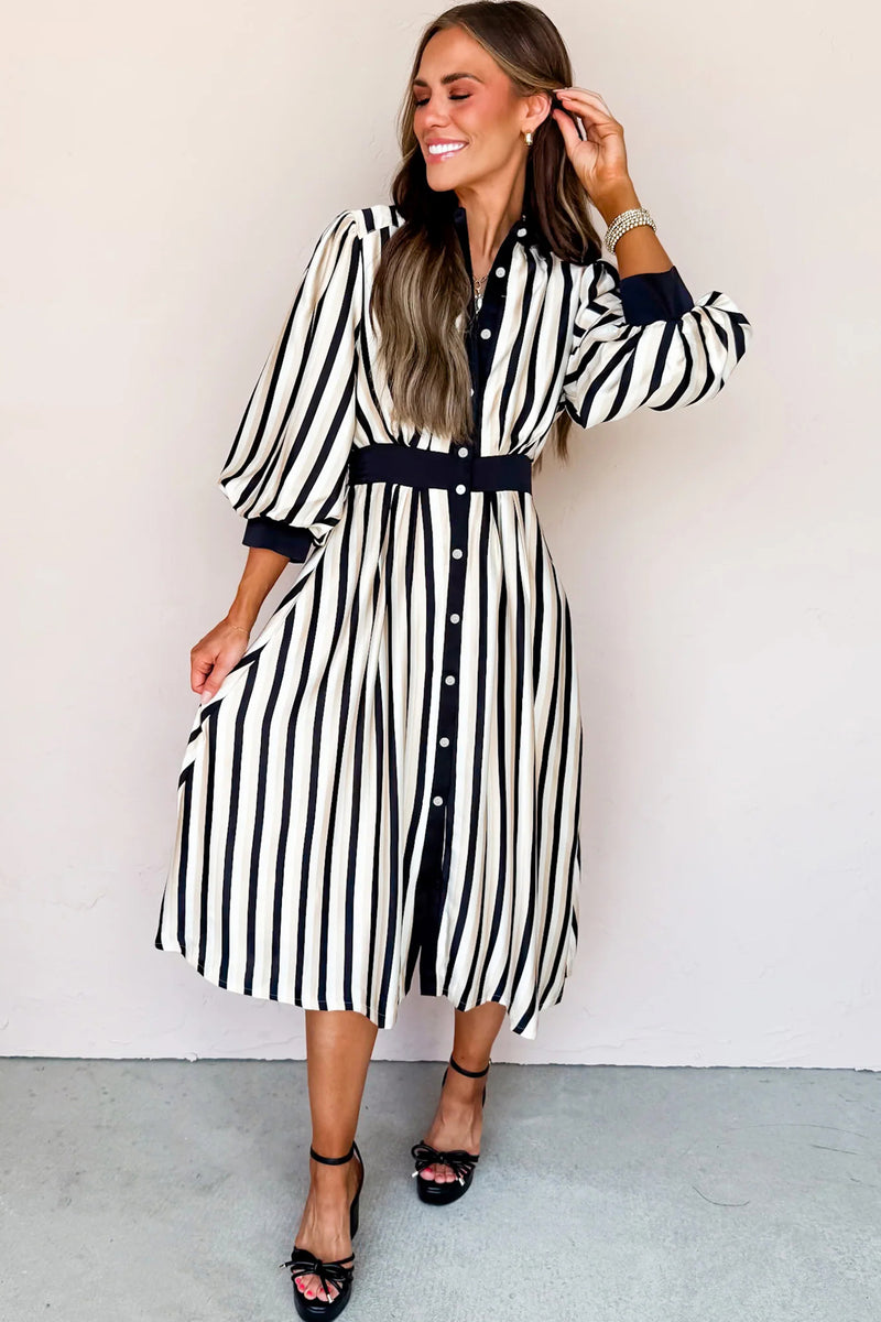 Black Stripe 3/4 Puff Sleeve Shirt Style Button Down Midi Dress
