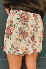 Apricot Buttoned Front Scalloped Trim Mini Jacquard Floral Skirt