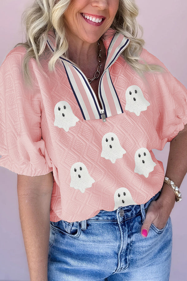 Light Pink Sequin Halloween Ghost Patched Textured Knit Contrast Collar Top