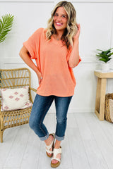 Grapefruit Orange Waffle V Neck Short Sleeve Knit Top