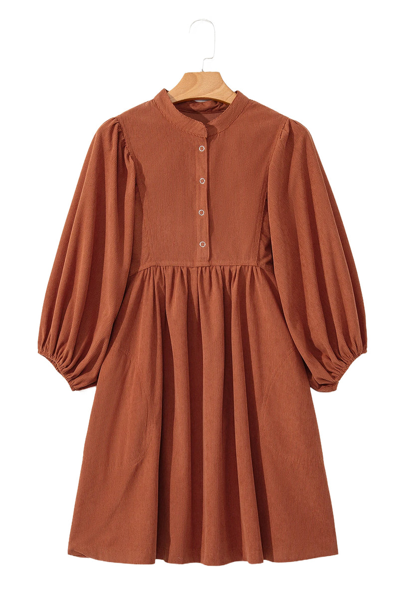 Light Blue Snap Button Empire Waist Lantern Sleeve Corduroy Dress
